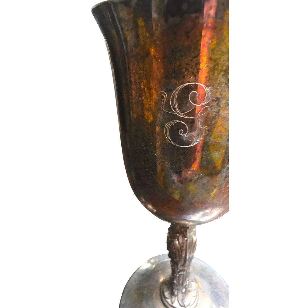 Wine Goblets Pair Silver Plate Engraved Monogram G Vintage Chalices Silver